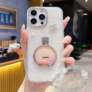 【New】Frame & Bezel Diamond Series Quicksand Perfume Bottle Holder IMD Phone Case with Bracelet For iPhone 11 12 13 14 15 16 Series