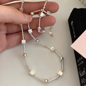 925 Sterling Silver Bead Geometry Necklace for Women Girl Korean Design Versatile Choker Jewelry