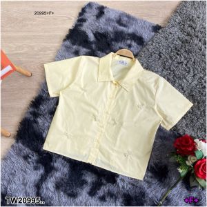 TW20995 เสื้อเชิ้ตแขนสั้น ปักโบว์มุก ..