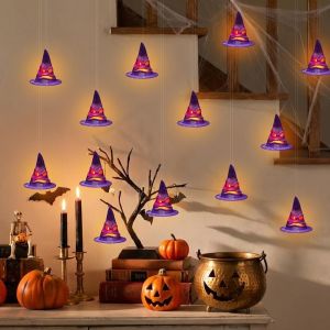 HUYAN Glowing LED Light Up Witch Hat Hanging Light Scary Hollow Out Halloween Wizard Hat Table Lamp Ambient Lighting Handmade Pumpkin Face Witch Hat Light Living Room