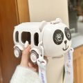 450ML Kids Panda Bus Water Bottle Toy Car with Shoulder Strap and Straw Children Water Jug Detachable. 