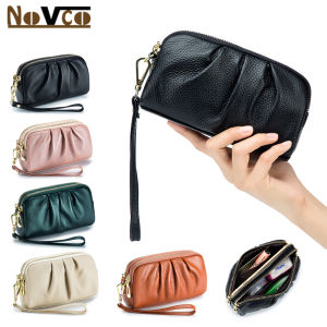 Novco Wrist Bag Genuine Leather Women Clutch Bags Famous Brand Designer Clouds Bag Lady Fashion Pleated Mini Handbag Wrist Strap Long Wallets(Five Color Avaiable)