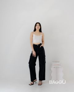 BAGGU Denim Cargo Loose Pants [Celana Hightwaist Wanita ] - Black SandWash