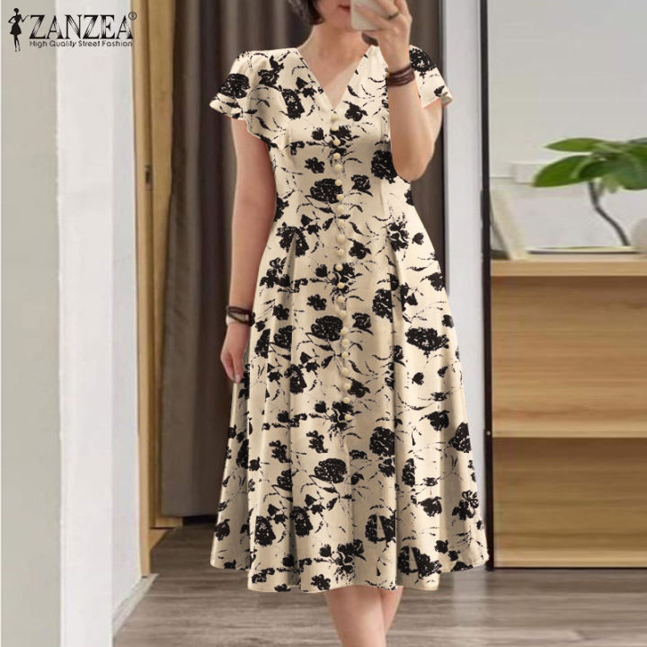 sachin and babi light blue dress ZANZEA Womens Summer Cotton Short Sleeve O-neck Print Casual Long Dress Buy  cheaply on Joom main image 1