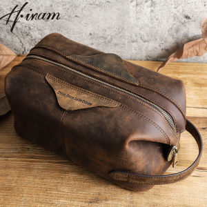Hiram Genuine Leather Cosmetic Bags for Men Large Capacity Toiletry Storage Bags Wash Bags Travel Organizer Makeup Bags Handbags