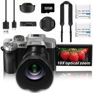 VETXI 4K Digital Camera 10X Optical Zoom 75MP Vlogging Camera WiFi Autofocus 3 Flip Screen with 32GB Card Tripod 2 Batteries