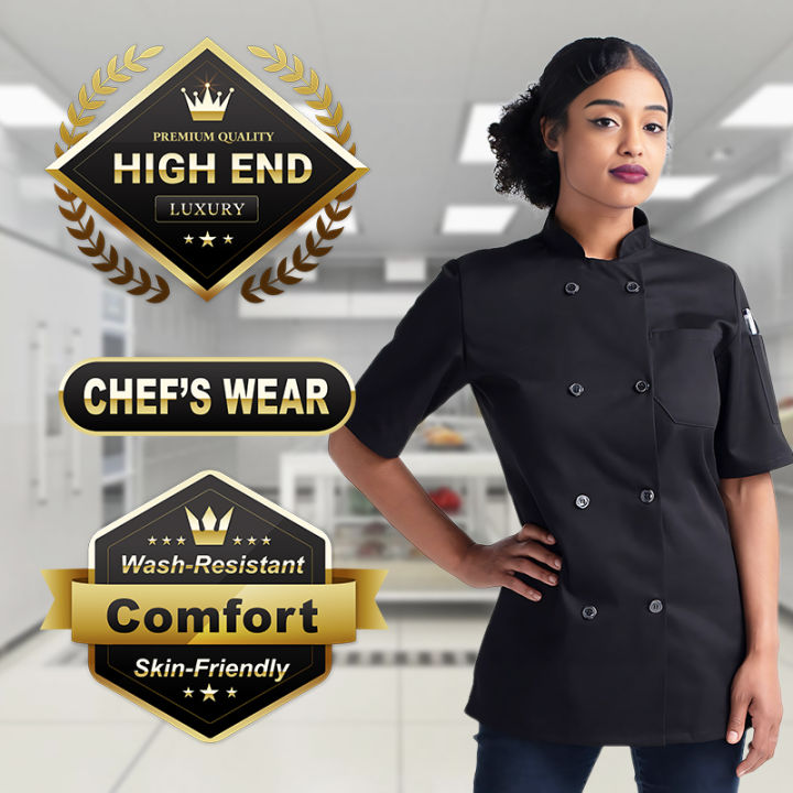 Black Chef Uniform For Women Short Sleeve Chef Jacket For Women Chefs ...