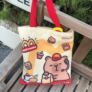 Cute Canvas Bag Novelty Tote Bag Kapibara with Zipper Inner Daily Large Capacity Shoulder Bag Cartoon Capybara Kawai Handbags Gifts