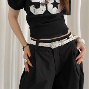 BEAUTYLADIES วินเทจ สายรัดสไตล์พังค์ หนัง PU แกะสลัก สายรัดเอวผู้หญิง ลำลอง แฟชั่นสตรีท สายรัดกางเกงยีนส์ Y2K สาวเผ็ด