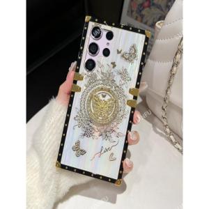 Case for Samsung Galaxy S24 Ultra S24 Plus S21 S22 S23 Ultra Aurora Butterfly Lace Back Cover Rhinestone Butterfly Bracket Four Corner Reinforcement Anti-drop Shockproof Protective Cover