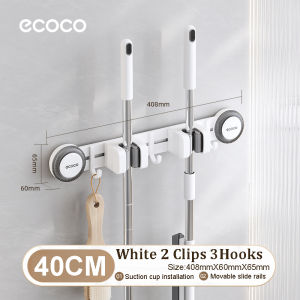 Ecoco Aluminum Broom Organizer Suction Cup Mop Holder with Hooks No Drilling Heavy Duty Removable