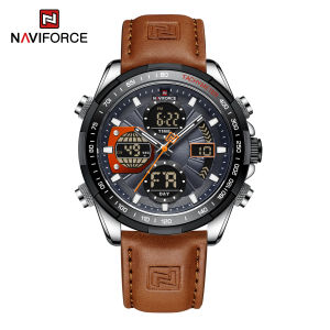 NAVIFORCE Watch for Men Original Waterproof Digital Wristwatch Outdoors Sporty Chronograph Genuine Leather Watch LCD Luminous Display Relo