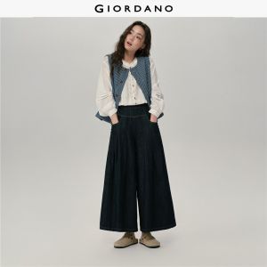 GIORDANO Women Jeans Topstitch Elastic Waist Denim Pants Pleated Wide Leg Buttons Pockets Fashion Casual Denim Jeans 18415217