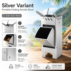 Portable Folding Rocket Stove Thick Carbon Steel & Stainless Steel Version Wind Resistant Camping Fire Pit for Outdoor Activities
