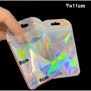 ManilaGo 50pcs 4 Styles Laser Packaging Bag Pink White Blue Flat Cosmetic Bag Holographic Mini Bags Easy To Use With Sealing Strip Durable And Shiny