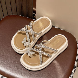 [Free Shipping] High-End Sandals For Women New Summer Fashion Rhinestone Butterfly Toe-Post Thick-Soled Flip-Flops