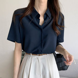 Women Chiffon Shirt Korean Chic Short Sleeve Temperament Casual Polo Top