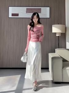 Summer French Elegant Satin Mermaid Skirt Women Lace Patchwork Waist Elastic Long A-Line Skirts Fashion Ladies