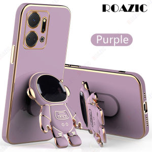 ROAZIC For Honor X7a Phone Case With Astronaut Holder Straight Plating Edge Casing Soft Silicone Stand Back Cover