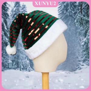 XUNYU2 หมวกคริสต์มาสที่มีแถบแวววาวหมวกซานต้ากำมะหยี่สีแดงและสีเขียวตกแต่งหมวกเทศกาล