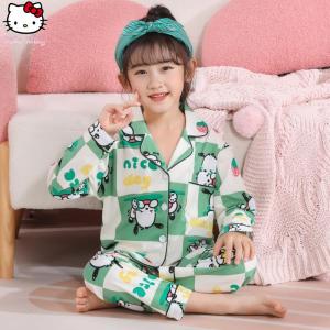 Christmas gifts Halloween 2Pcs Kawaii Girls Hello Kitty Pajamas Sanrio Spring Autumn New Long Sleeve Pants Childrens Skin Friendly Sweet Home Clothes