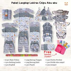 Paket Lengkap Persiapan Lahiran Perlengkapan Baju Bayi Baru Lahir Isi Komplit Set Pakaian Bayi Newborn Lengkap Chipu Abu abu Bahan Lembut