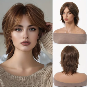 Tóc giả đầu cá đối ngắn màu nâu 12 inch Tóc giả tổng hợp nhiều lớp tự nhiên có mái bằng Tóc giả cho bữa tiệc hàng ngày Tóc giả cho phụ nữ Tóc giả chịu nhiệt2026