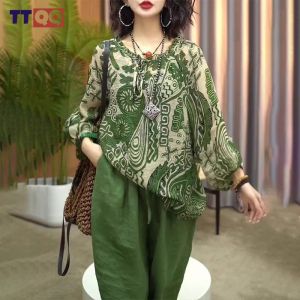 TTQQ Retro Fashion Print Cropped Sleeve Top Woman