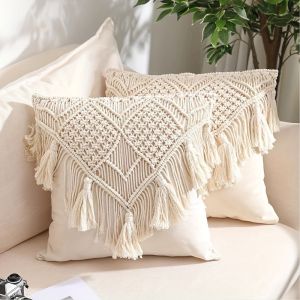 Beige Boho Crochet Tassel Throw Pillow Cover Farmhouse Style Cushion Case For Sofa Bed And Living Room Decor (Pillow Not Included)