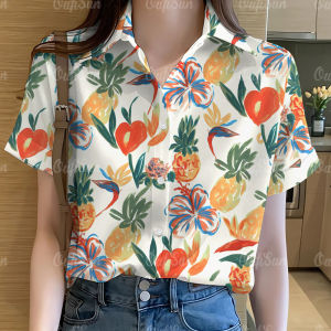 Hawaiian Womens Shirt Leaf Printed Short Sleeved T-Shirt Fashion Colored Shirt for Women Tops Button Blouse
