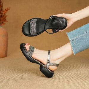 [Free Shipping] High-End And Versatile The 2026 New Collection Features Gunmetal-Colored Soft-Soled Comfortable Roman-Style Platform Sandals With Delicate Straps And Rhinestone Embellishments For Women