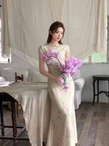 daidai (Ready Stock) Women New Chinese Style Elegant Long Cheongsam Dress CNY 新中式国风温婉清雅旗袍连衣裙女夏高端气质显瘦收腰长裙