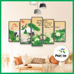 Tranh mã hoa sen tráng gương không khung decor dán tường bộ 5 tấm trang trí nhà tranh siêu nét decor giá rẻ