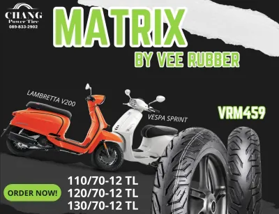 ยางรถมอเตอร์ไซค์ Matrix By Vee RUBBER รุ่น VRM459 ขนาด 110/70-12 120/70-12 130/70-12 TL ยางใหม่ สำหรับรถ LAMBRETTA V200 VESPA SPRINT