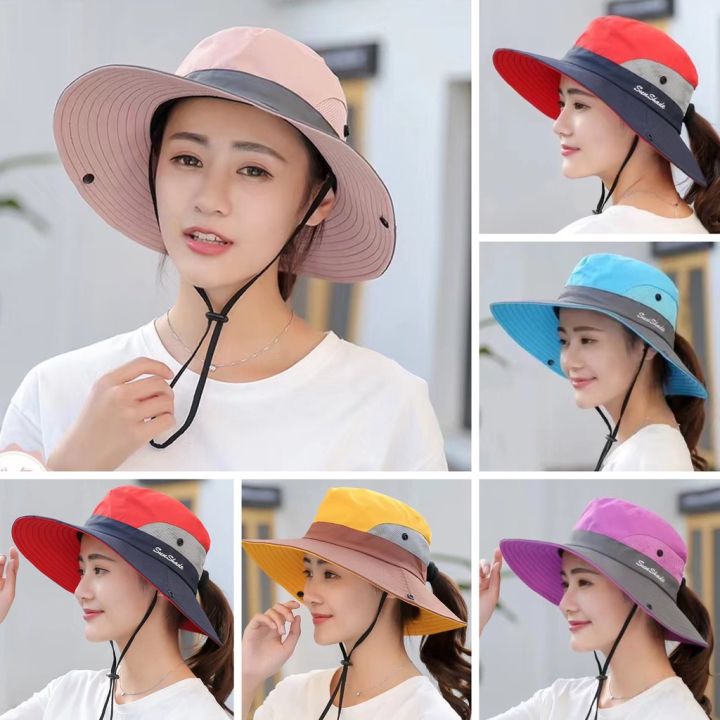 Women's Outdoor Ponytail Safari Sun Hat Foldable Mesh Wide Brim Beach 