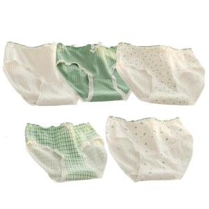 Womens 5 Pack Middle Waist Cotton Briefs Green Floral Plaids Prints Panties Lace Trim Bows Underwear for Everyday Wear