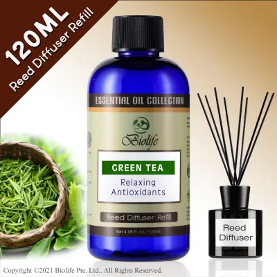 Biolife Green Tea Essential Oil Aromatherapy Reed Diffuser Refill Long Lasting Scent (120ml Reed-Diffuser Refill)