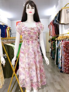 Hàng Thiết Kế - Đầm Xòe Tơ Hoa Ngực Xếp Ly Cổ Vuông Cao Cấp - JMD122831