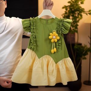Bear Leader Baby Girls Dress Summer Round Neck Ruffle 3D Flower Girls Clothes New Korean Version Flying Sleeves Patchwork Princess Dresses 2-7 Years Kids Outfits Sweet Clothing