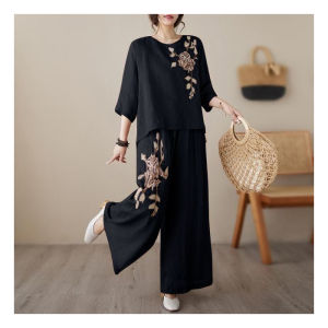 Luckin hàng hiệu cho phụ nữ cotton bộ vải lanh Bộ đồ thêu nữ mùa hè Áo Thun Hai bộ chi tiết áo thời trang và quần ống rộng cho mẹ 2 chiếc cho mẹ