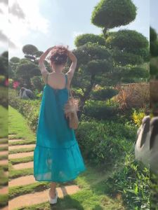 Dazzlin  ชุดเดรสยาวสายเดี่ยวสีฟ้าสีขาวลายทะเลสาบ