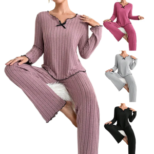 Womens Ribbed Knit Pajamas Set V Neck Long Sleeve Pj Set Matching Outfits Top and Pants Loungewear Casual Sleepwear
