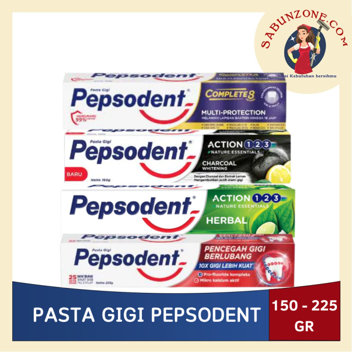 Pasta Gigi Odol Pepsodent Herbal Hijau 190 gr / 150 gr (120 gr + 30 gr) / Gigi Berlubang Merah 225 gr / Complete8 Multi-Protection Ungu 150 gr / Charcoal Whitening Hitam 160 gr