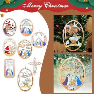CILL New Year Xmas Cross Rustic Wooden Handmade DIY Crafts Nativity Scene Pendants The Birth of Jesus Decorations Christmas Tree Ornaments
