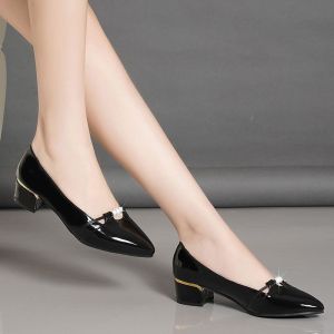IELGY Block Heel 2024 New Patent Leather Shoes Womens Pointed Toe Pumps Versatile Mom