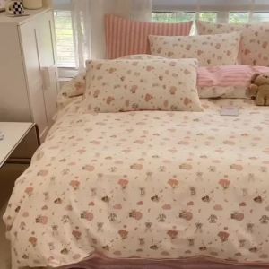 Pikachu Washed Cotton ins Double Bed Sheet Quilt Cover Four-Piece Set Student Dormitory Full Set Cartoon Three-Piece Bedding Set LZD