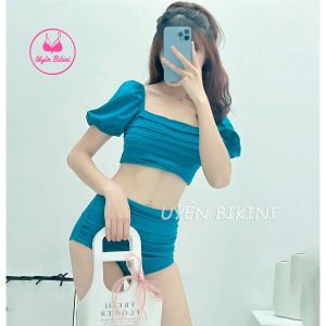 Bikini đi biển hai mảnh cộc tay nhún ngang phối quần cạp cao hack dáng màu sắc tôn da che khuyết điểm đi biển kín đáo