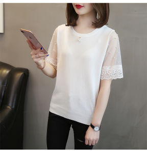 LUCKIN STORE Áo Thun Dệt Kim Cổ Tròn Cho Nữ Áo Ngắn Tay Khâu Ren