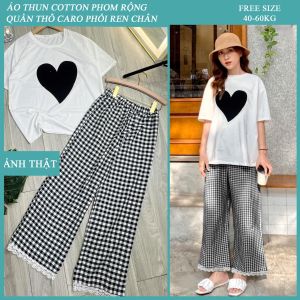 Set Đồ Bộ Quần Dài Cao Cấp Áo Thun Trái Tim Phom Rộng Phối Quần Ống Rộng Ca Rô Kèm Ảnh Thật Thun Cotton 100% 40kg đến 56kg vừa