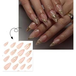 24 Pcs Glossy Press On Nail Almond Shaped Full Cover False Nail Simple Stick on Nail 3D Artificial Nail for Woman